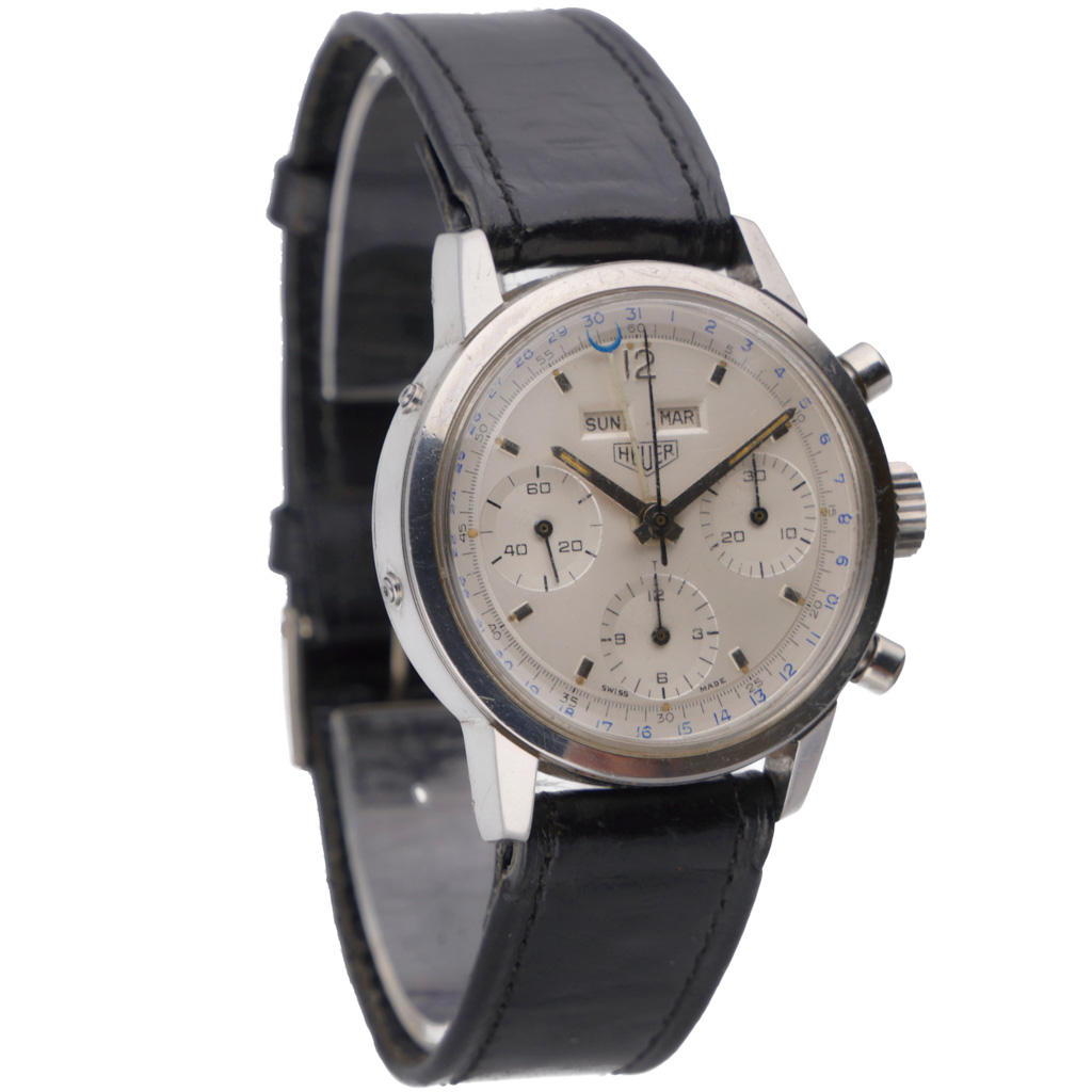 Heuer Carrera: Model 2547S. 36mm Steel Case and White Dial. SKU: 44559